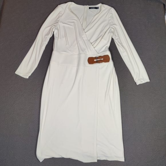 Polo Ralph Lauren Faux Wrap Crepe Midi Dress Cream Buckles Size 12 Black Label - Picture 1 of 12